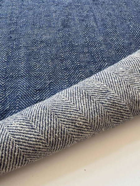 Ткань лён плотный "ёлочка синяя" с эффектом мятости арт.5848 | Ellie Fabrics