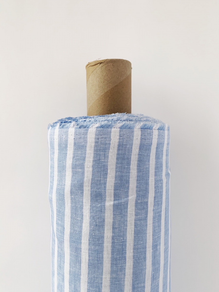 Льняная ткань умягченная "голубо-белая широкая полоска ПОПЕРЕЧНАЯ" костюмная арт. 270 | Ellie Fabrics